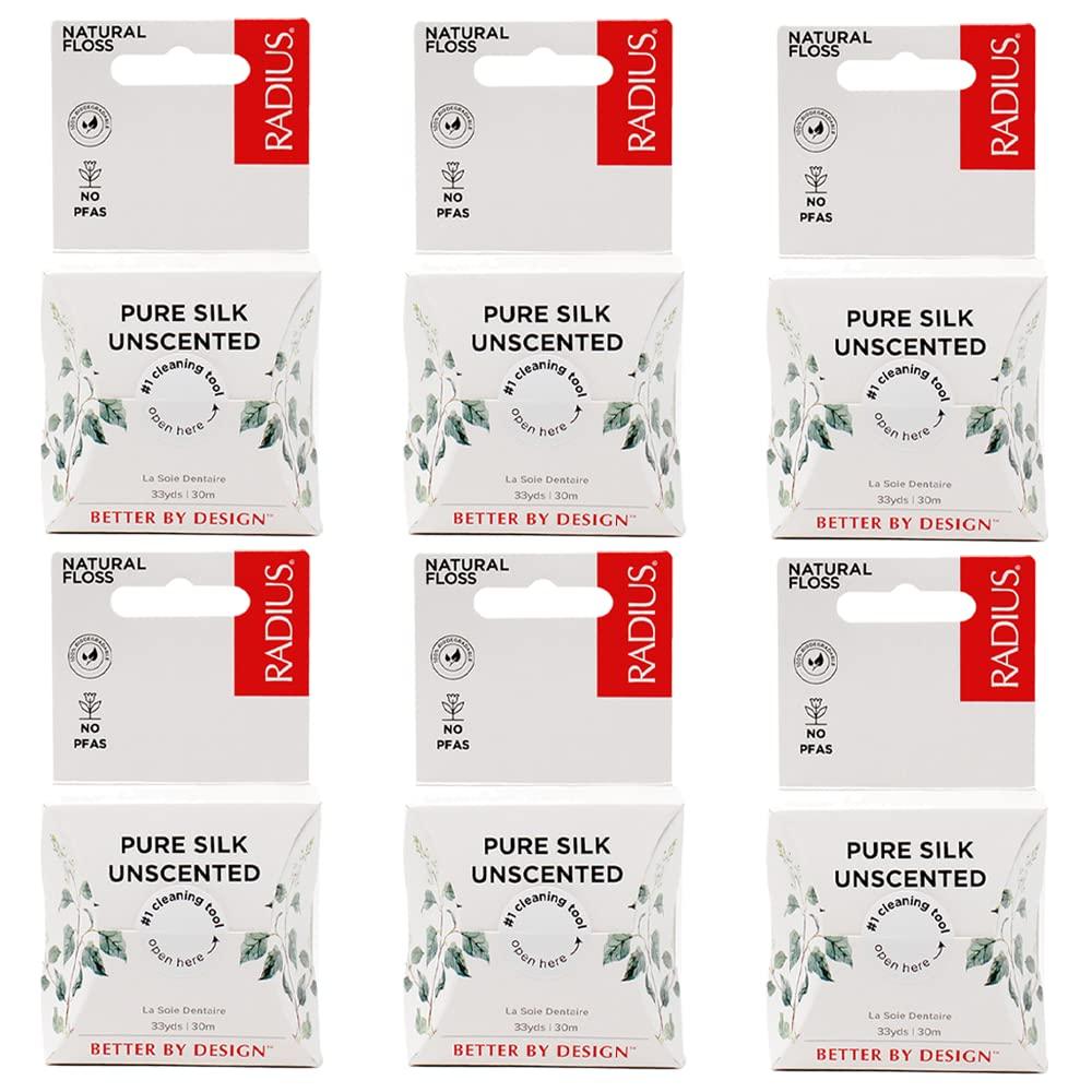 RADIUS Dental Floss, Natural Floss, Unscented Silk, 33 Yards, Compostable & Non-Toxic Oral Care Designed to Help Fight Plaque, Pack of 6
