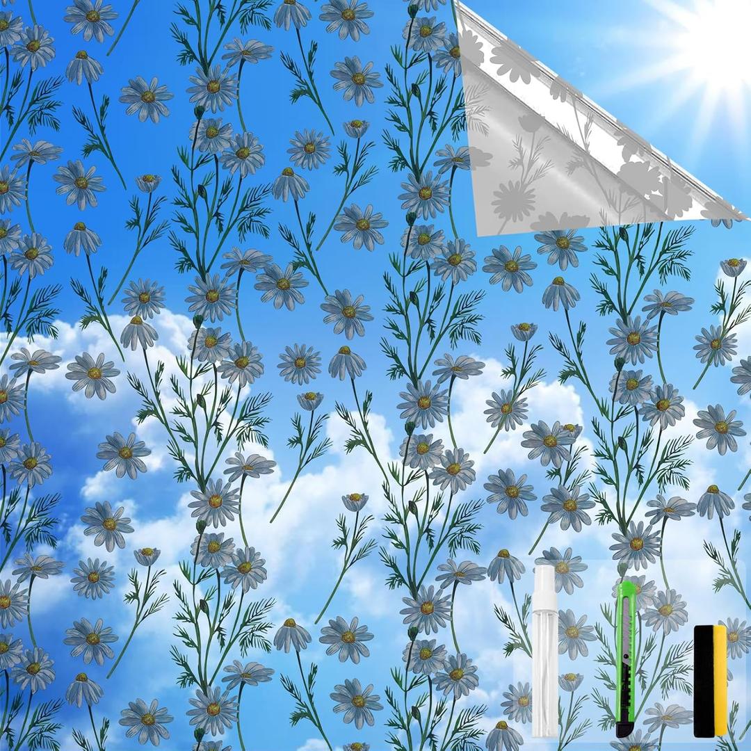 One Way Privacy Film, Window Tint for Home,Daytime Reflective, Anti UV Static Cling Sliding Door Coverings No Glue Garage Solar Paper (Silver -Daisy, 45.27 x 78.7 in) One Way Privacy Film, Window Tint for Home,Daytime Reflective, Anti UV Static Cling Sliding Door Coverings No Glue Garage Solar Paper (Silver -Daisy, 45.27 x 78.7 in)