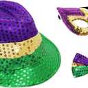 Fumwase 3Pcs Mardi Gras Costumes Accessories Set Sequin Mask Hat Bow Tie for Men Women Mardi Gras Outfit for Halloween Party (Green)
