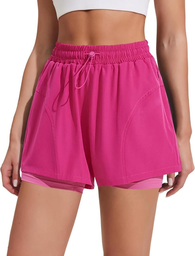 PINSPARK Athletic Shorts for Women High Waisted Workout Short 2 in 1 Running Shorts Gym Shorts with Zipper Pockets (Pink, S)