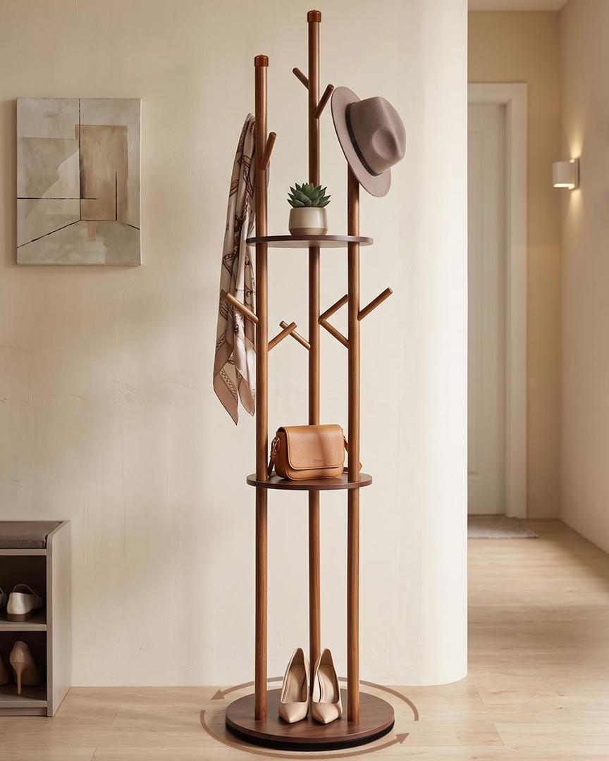 Coat Rack Freestanding, Wood Coat Tree with Shelf for Entryway Walnut