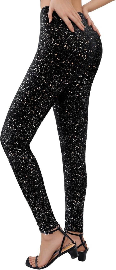 Sparkly Leggings for Women, High Waisted Starry Sky Print Sparkle Pants, Casual Stretch Skinny Legging for Party Holiday (S)