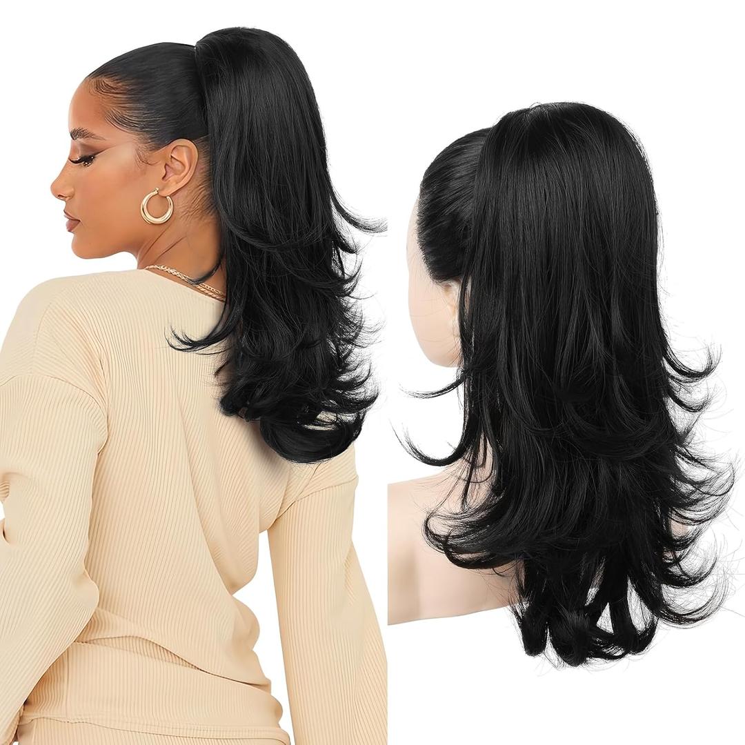 LONAI Ponytail Extension for Women,18 Inch Layered Wavy Pony Tail Hair Extensions, Natural Drawstring Ponytail Synthetic Hairpiece for Daily Wear (Nature Black)
