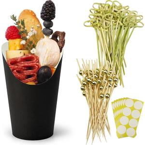 CAMKYDE 50 Charcuterie Cups + 200 Cocktail Picks + 56 Labels, 12 oz Disposable Charcuterie Cups with Sticks (2 Types), French Fry Cups Brown Paper Appetizer Cups for all OccasionsBlack