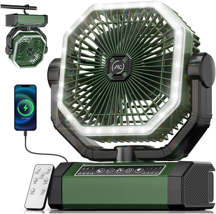 Allsion Camping Fan - 24000mAh Portable Fan, Rechargeable Fan with Light & Remote, Battery Powered Fan 4 Speed Strong Airflow, Desk/Camping/Outdoor/Gym Fan for Office Travel Treadmill Camping Gear