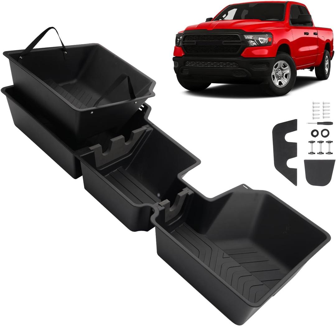 Mixsuper Liner Under Seat Storage for 2019-2024 2025 Dodge Ram 1500 Crew Cab Custom Heavy Duty ABS 4PCS Kit UnderSeat Storage with Inner Bin Ram1500 Truck Tool Box Accessories Black