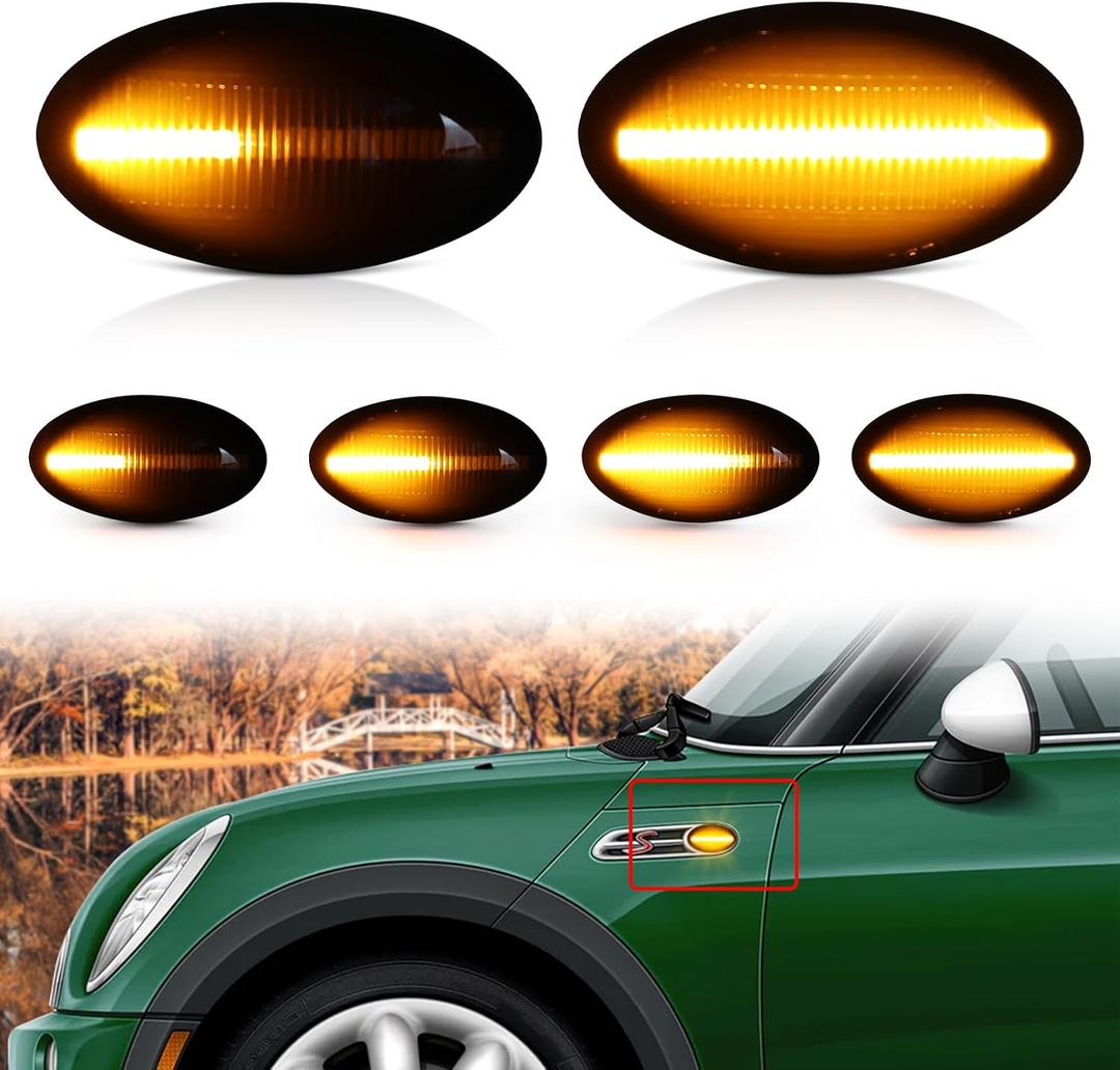 Smoked Lens LED Side Fender Marker Light for 2002-2006 BMW Mini Cooper R50 R52 R53 Hatchback Coupe Convertible, Amber Sequential Indicator Sidemarker Lamps