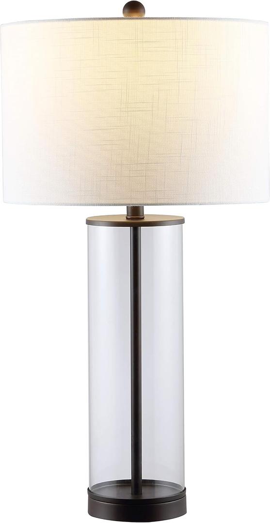 JONATHAN Y 29" Oil Rubbed Bronze/Clear Modern Glass Table Lamp for Living Room Bedroom, Minimalist Nightstand Bedside Lamp, White Linen Drum Shade, LED Bulb Included (JYL2005B)
