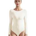 Women Long Sleeve Bodysuit Basic Crew Neck Thong Body Suit Shirts Top for Spring (White, M)