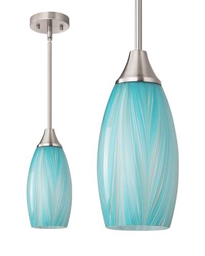 EDISHINE Pendant Lights Kitchen Island, Blue Handcrafted Art Glass Hanging Light, Blown Glass Pendant Light Fixtures Teal with Gold, Adjustable Brushed Nickel Rods, Hardwired Over Island Bar E26