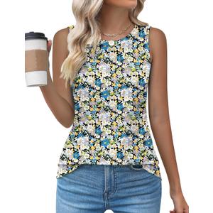 Kistore Womens Summer Tank Tops Sleeveless Crew Neck Pleated Blouse Shirts Fashion Clothes 2025 (Medium, A2 Floral Black Blue)