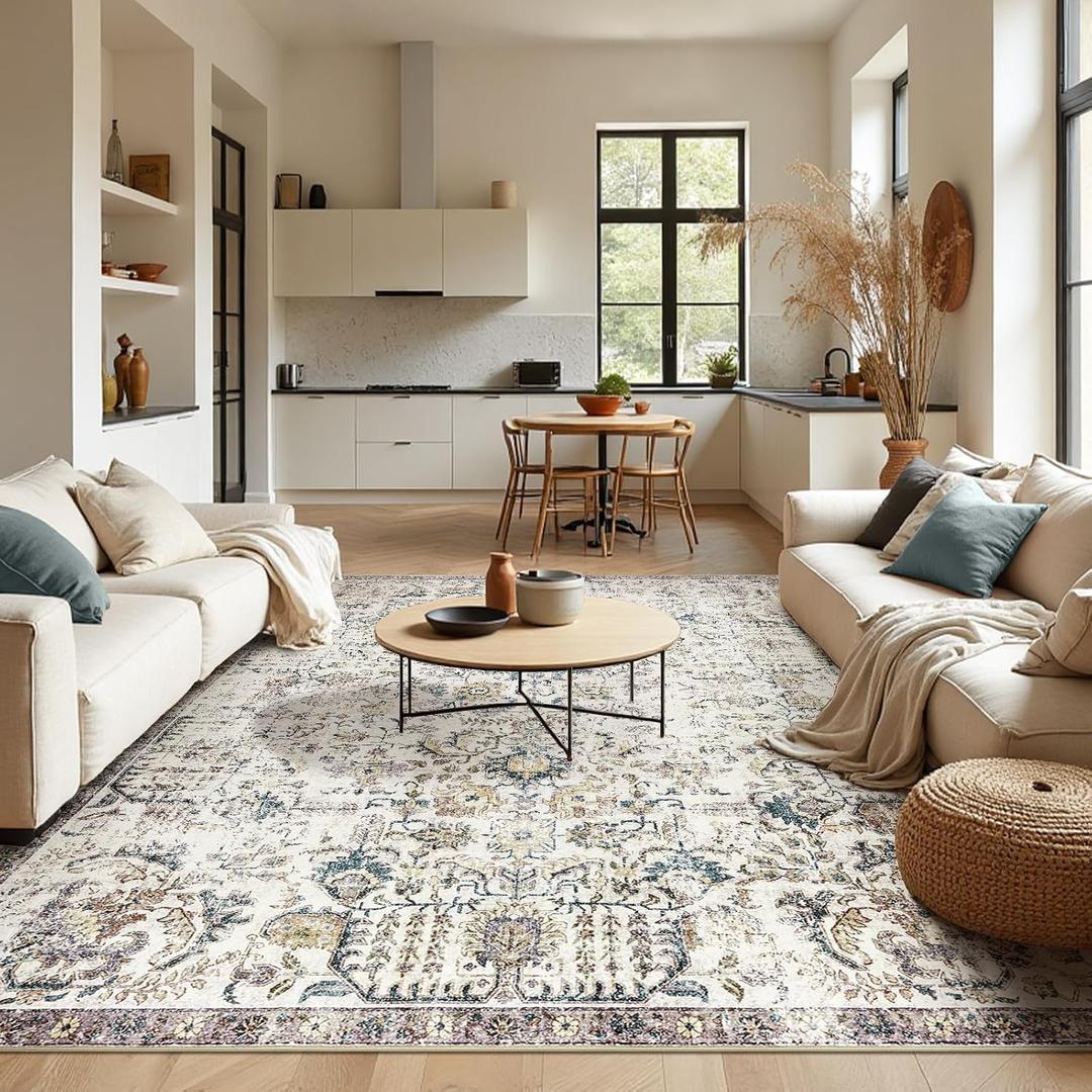 Jinchan Kalen Area Rug 9x12 Washable Living Room Rug Vintage Indoor Large Floor Cover Retro Accent Mat Distressed Floral Country Boho Non Slip Thin Carpet for Bedroom Dining Room Office Blue Multi