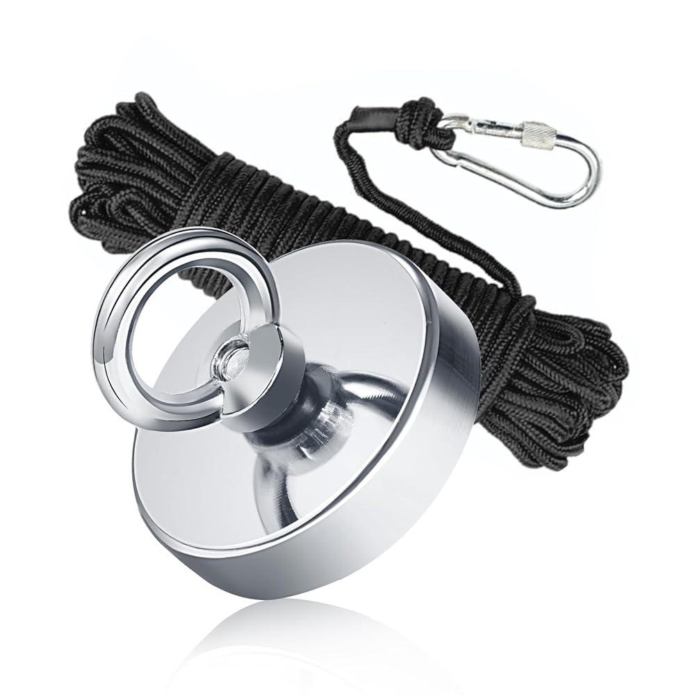 Magnet Fishing Kit 2.4"(60 mm) 500lb+, Big Strong Rare Earth Fish Magnets Heavy Duty with 65ft Rope, Super Neodymium High Power Magnet with Handle for Retrieving in Lake, Beach, Lawn(Q60)