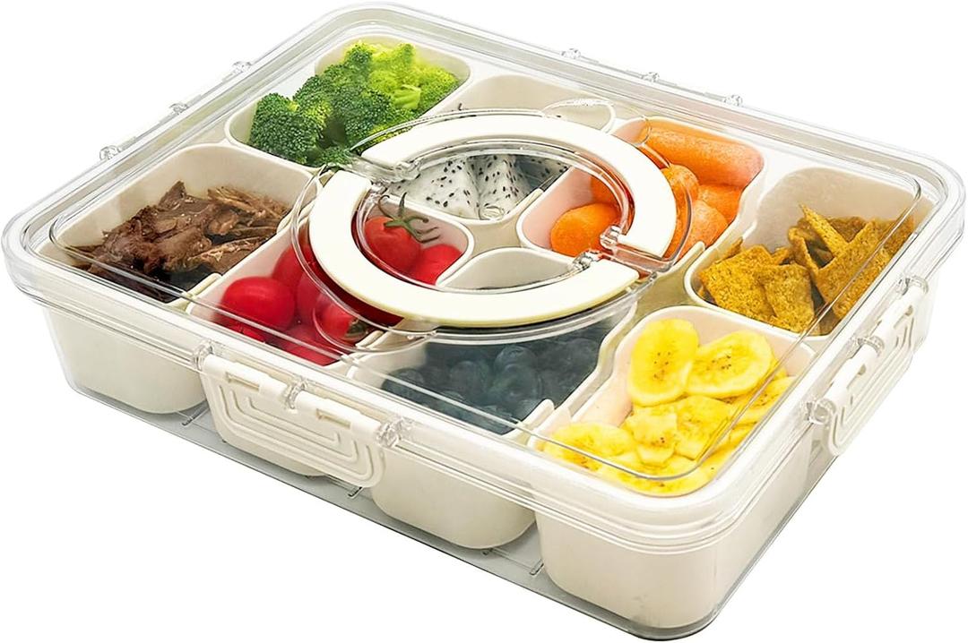 Snackle Box Container,Divided Snack Serving Tray with Lid and Handle,Portable Snack Box for Veggie,Fruit,Candy,Nuts,Salad Serving Platter - Ideal for Picnic,Party,Travel,White,1Pack