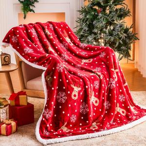 Ramees Christmas Throw Blanket, Christmas Decorations Blankets and Throws, Fuzzy Cozy Soft Warm Fleece Sherpa Winter Holiday Blanket for Bed Couch Sofa Reindeer Snowflakes