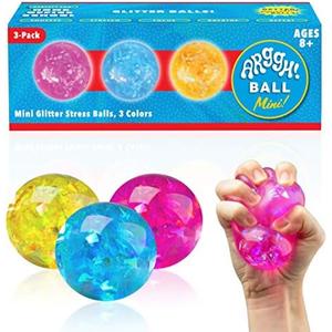Power Your Fun Arggh Glitter Mini Stress Balls for Adults and Kids - 3pk Squishy Stress Ball Fidget Toys, Sensory Toys and Stress Relief Mini Squishy Toys Squeeze Ball Toy (Yellow, Pink, Blue)