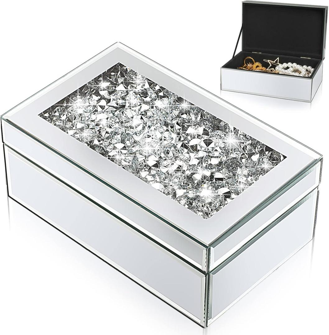 Kenning Luxury Silver Crushed Diamond Glass Mirrored Mirrored Jewelry Box Organizer Storage for Women Jewelry Ring Luxury Organizer Box
