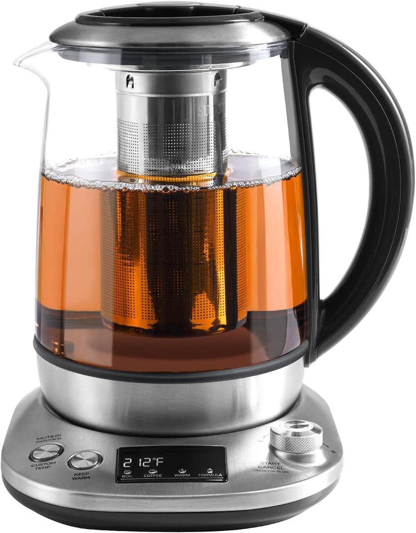 Mecity Electric Tea Kettle with Removable Infuser, 9 Preset Brewing Programs, Temperature Control, 2 Hours Keep Warm, Borosilicate Glass, 1.7 Liter, 1200W (1.8 Quarts | HB-K002C)