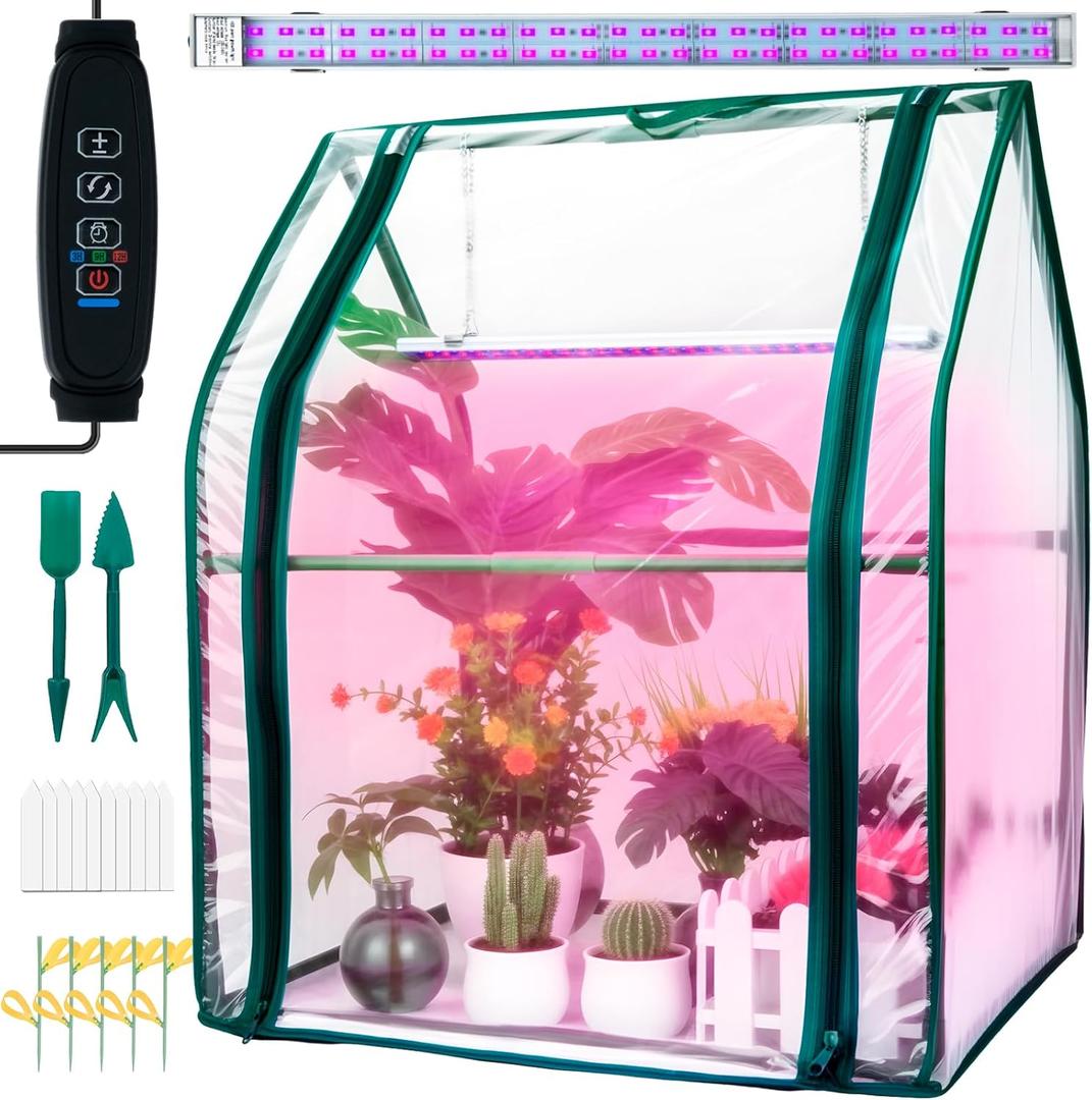 Mini Green House with Grow Light, Mini Greenhouse Indoor, 15W Full Spectrum Plant Lights & Timer for Seed Starter Tray, Indoor Outdoor Plants 24"x16"x20"