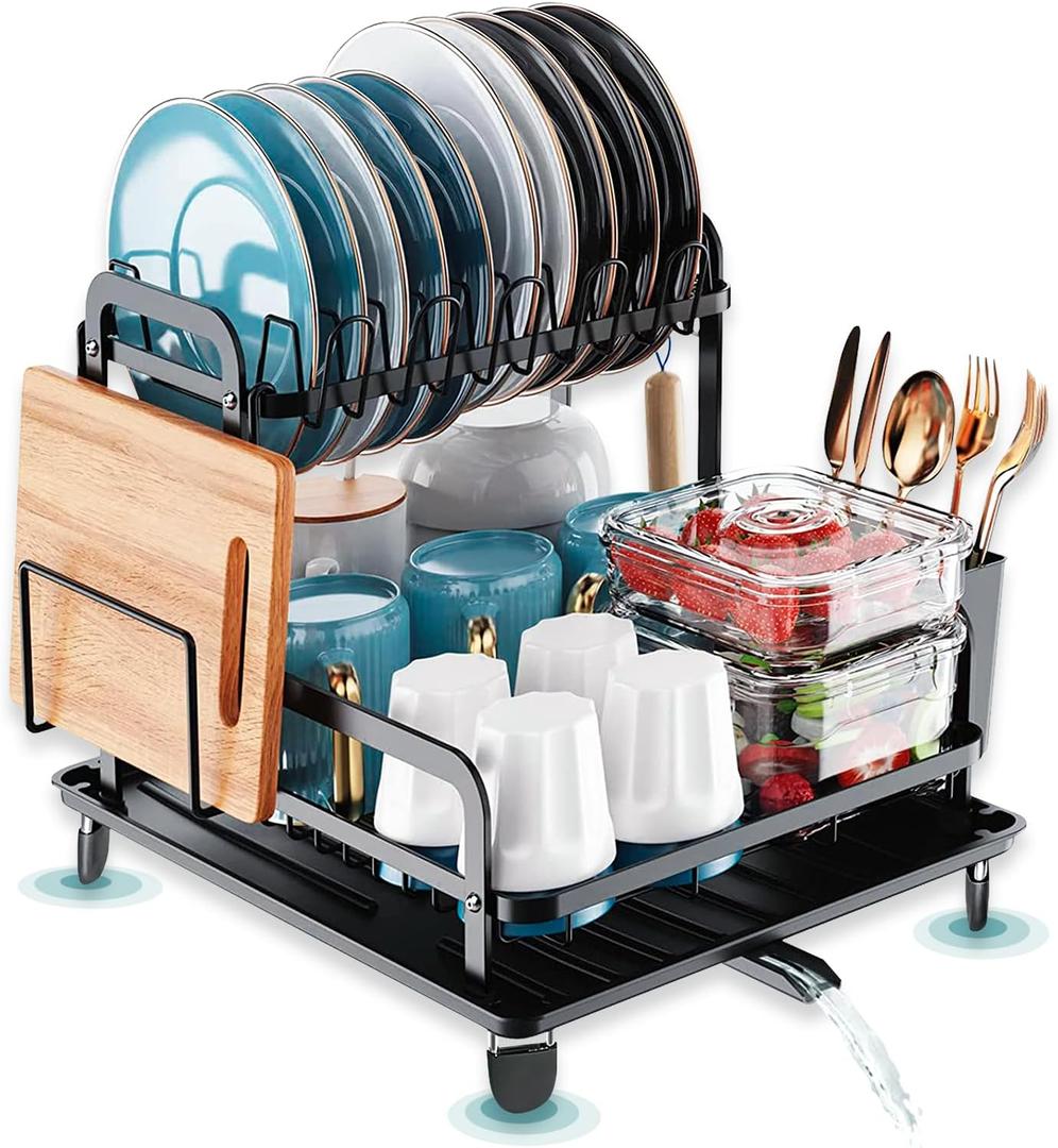 Dish Drying Rack - 2 Tier Dish Racks for Kitchen Counter, Drying Kitchen Plate Drainer with Auto Drainage, Cup Utensil & Cutting Board Holder Carbon Steel Bowl Strainer with Drainboard