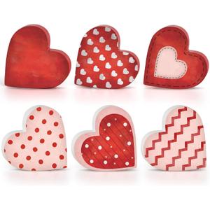6 Pcs Valentine's Day Wooden Heart Table Signs Red Wood Table Centerpiece Block Valentine Decorations Indoor Vintage Tiered Tray Decor for Home Office Desk Shelf Mantel Love Wedding Anniversary Party (Large, pink)
