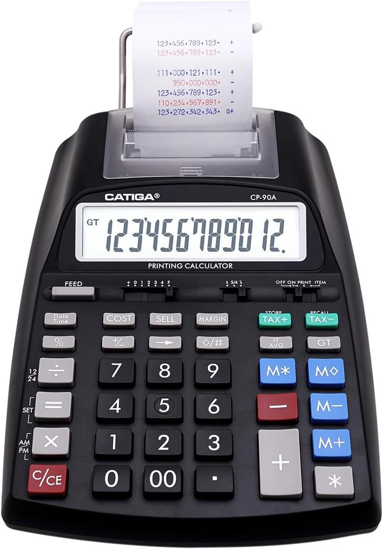 CATIGA Printing Calculator with Tape Print Out - 10 Key Adding Machine with Paper Roll, Desktop Electric Calculator for Accounting, Business, Finance, Home Office Use CP90A, 1) Black Pro