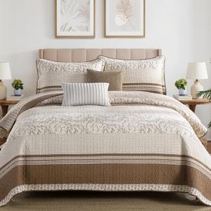 Quilt King Size - Brown White Quilt Set with Matching Shams, Vintage Floral Design Farmhouse Bedding Bedspread, 3 Pieces 100% Cotton Lightweight Coverlet Home Decor for All Season