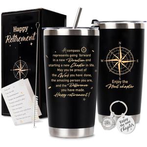 Retirement Gifts for Men 2025, 20 Oz Retired Tumbler Cup with Lid & Straw, Best Retirement Gift Set Stainless Steel Cup with Keychain & Card for Men Him Husband Teachers Boss Doctors Coworkers, Black
