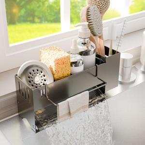 Kitchen Sink Caddy Organizer, Sponge Holder for Kitchen Sink with Upgraded Extra-Wide Drain Board, Efficient Drainage, Stainless Steel with Rust-Resistant Coating (Gray)