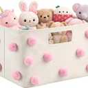 Pink Pom Pom Storage Basket 15 x 10.2 x 9.8 Inch Coquette Collapsible Cotton Canvas Basket Blanket Baskets Toy Storage Bin for Nursery Playroom Home Pink Room Organizer Decor