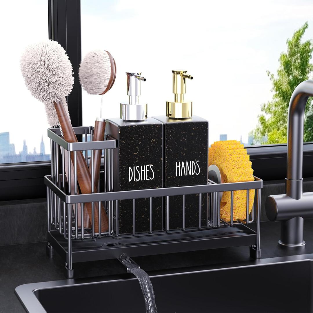 Cisily Kitchen Soap Dispenser Set with Sink Caddy, 12 Oz Glass Bottle, Hand and Dish Soap Dispenser Set with Sponge Holder, Black Stainless Steel Kitchen Countertop Sink Organizer Accessories