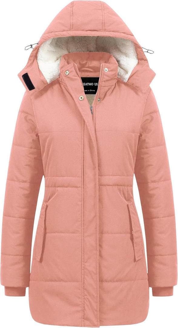 CREATMO US Womens Winter Coats Warm Women Heavy Coat Women's Long Thicken Sherpa Lined Parka Puffer Jacket with Detachable Hood Pink XL