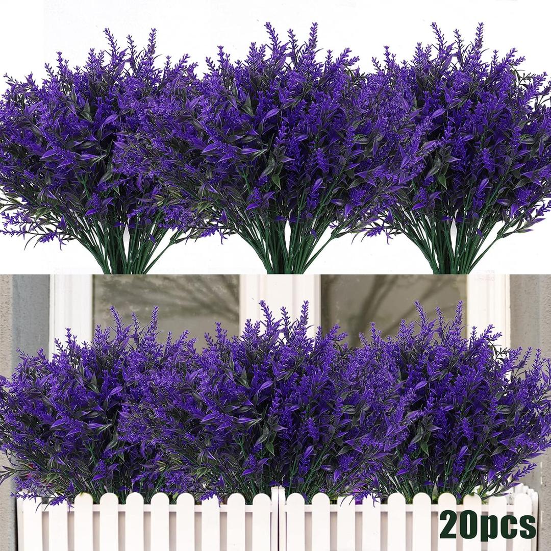 RECUTMS 20 Bundles Outdoor Artificial Flowers UV Resistant Fake Outdoor Plants, Faux Greenery for Indoor Outside Hanging Plants Garden Porch Window Box Home Wedding Farmhouse Dcor(Purple)