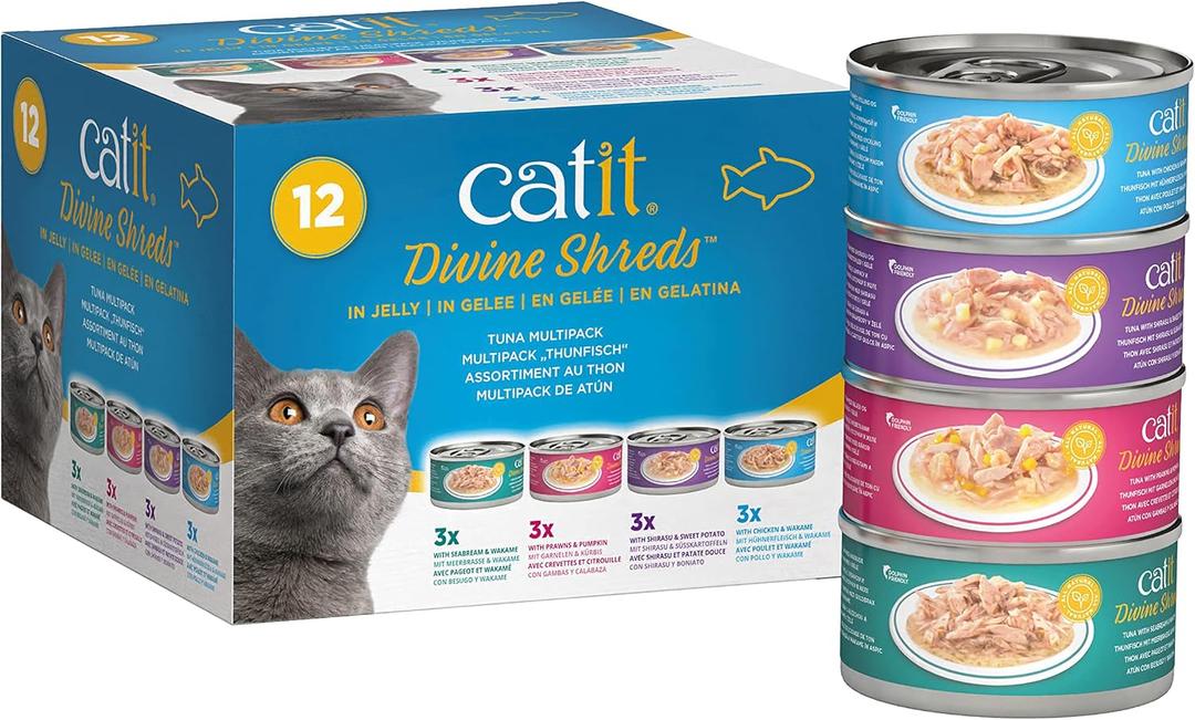 Catit Divine Shreds in Jelly, Premium Wet Cat Food, Tuna Multipack, Best By: 01/24/27