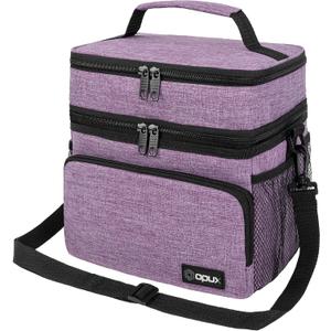 opux Insulated Lunch Bag for Men Women, Large Dual Compartment Cooler Bag, Soft Two Deck Lunch Box for Work School Picnic, Leakproof Lunch Tote with Shoulder Strap for Kid Adult (Purple, Double Deck)