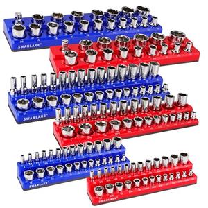 Magnetic Socket Organizer Set, 6PCS Socket Holder, 1/4", 3/8", 1/2" Sockets Holds 143 Pieces Magnetic Sockets Trays (Blue & Red, 6 Pcs)