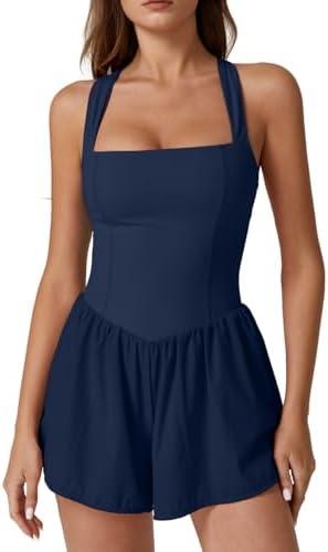 QINSEN Women's Square Neck Sleeveless Romper Jumpsuit Casual Summer One Piece Outfit with Pocket Medium