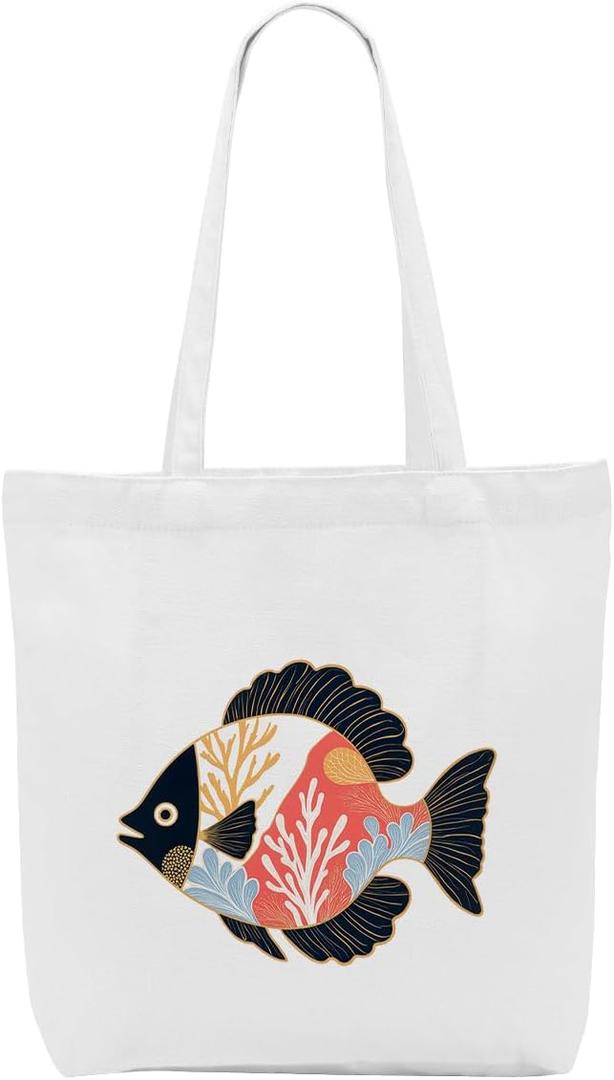 Aesthetic Fish Decor Travel Vacation Beach Bag Canvas Tote Bag for Women Sister Girls Mom Reusable Grocery Bags for Shopping Work Camping Birthday Christmas Appreciation Retirement