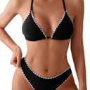 Women's Sexy Solid Color Lace Triangle Bikini Set, Halter Adjustable Ties Backless Two-Piece Swimsuit, Size S