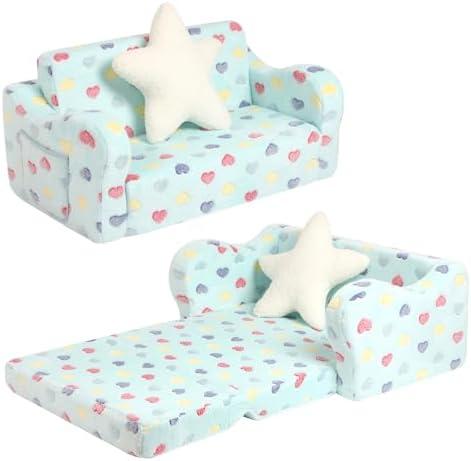 MOMCAYWEX Extra Wider Seating Toddler Couch, 2-in-1 Toddler Soft Couch Fold Out with Star Pillow, Convertible Sofa to Lounger for Girls and Boys