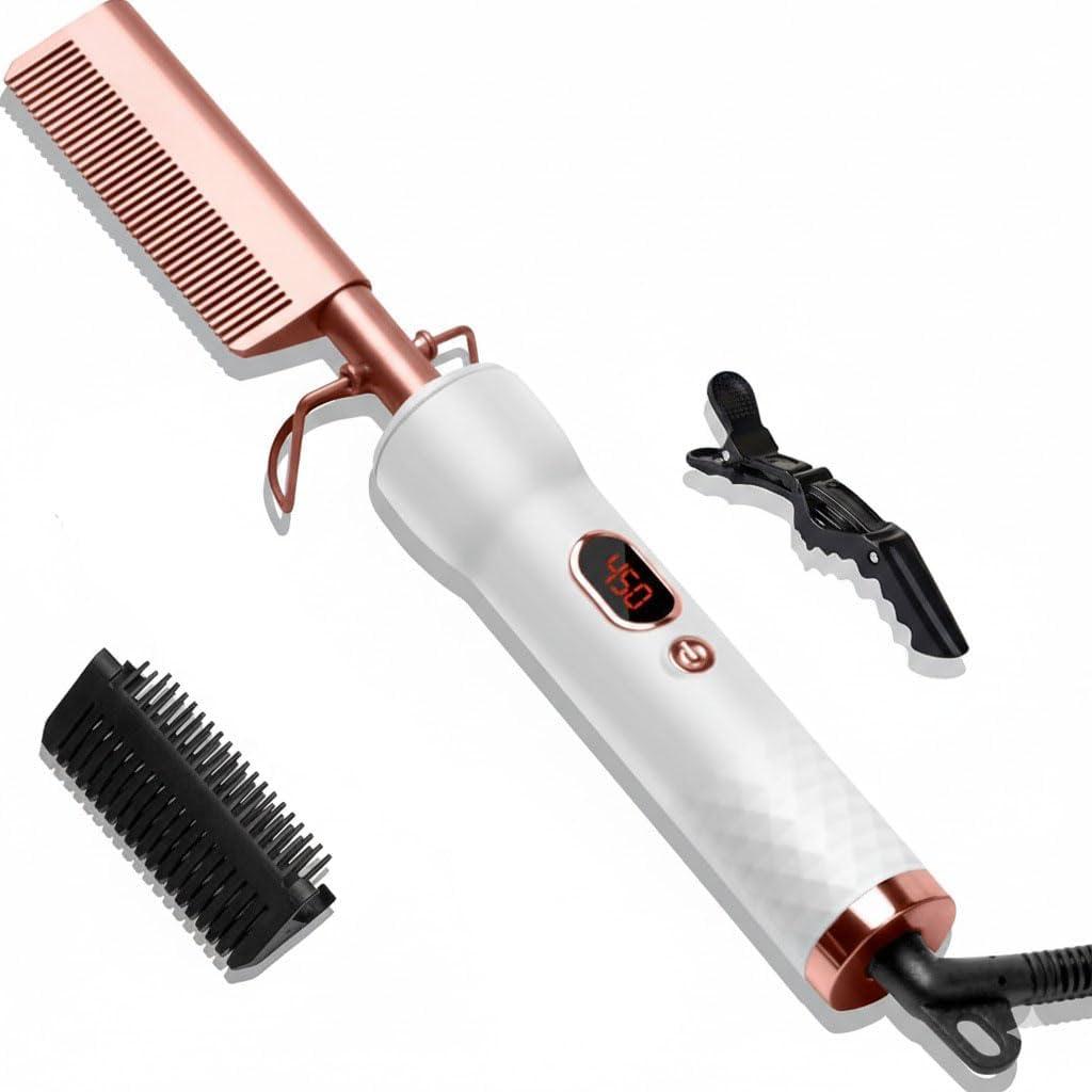 Electric Hot Comb with 12 Temp Settings & LCD Display, Dual Voltage Straightening Comb for Hair, Wigs & Beard, Ceramic Technology with Argan Oil Infusion-Gold
