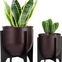 TRIROCKS Set of 2 Planters with Stand Indoor Outdoor Metal Plant Stand 11 &8.5" H Modern Planters Flower Pots for Living Room Corner Kitchen Office Garden Balcony Patio Decor (Brown)