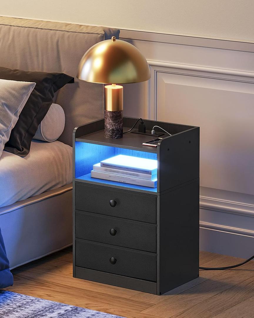 Nightstand with Charging Station and LED Light, Side Table with 3 Fabric Drawers Chest, End Table with USB Ports and Outlet, Bedside Table for Living Room, Bedroom, Black MBZ04UDBB