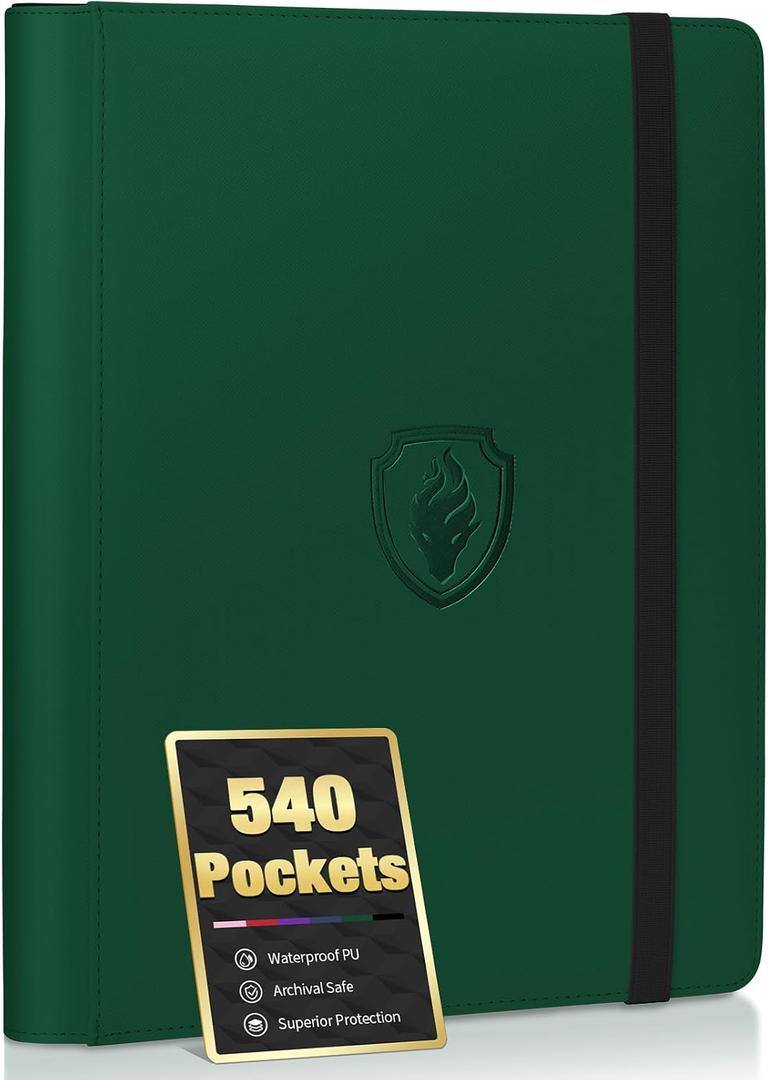 Premium 9 Pocket Card Binder for 540 Cards, Fabmaker PU Cover Trading Card Binder, Sturdy Card Collection Album, Sleek Card Holder Folders for Game Cards & Sports Cards, Dark Green