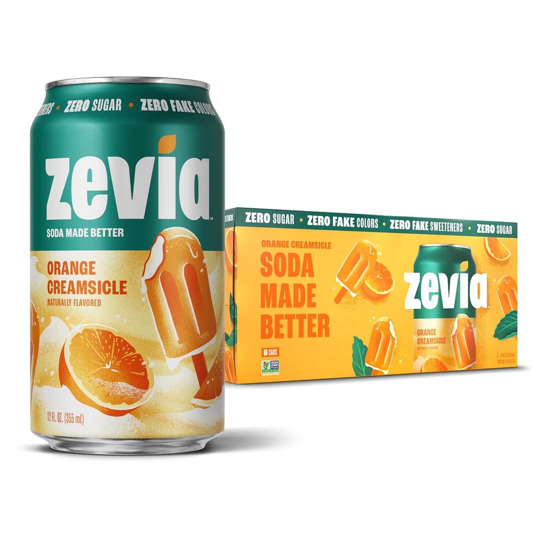 Zevia Zero Sugar Soda, Orange Creamsicle, 12 oz Cans (8-Pack) Caffeine Free, Naturally Sweetened, No Calorie Soda - Non-GMO Project Verified, Gluten-Free, Vegan (EXP 09/11/27)