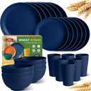 Teivio 24-Piece Kitchen Plastic Wheat Straw Dinnerware Set, Service for 6, Dinner Plates, Dessert Plate, Cereal Bowls, Cups, Unbreakable Plastic Outdoor Camping Dishes, Midnight Blue