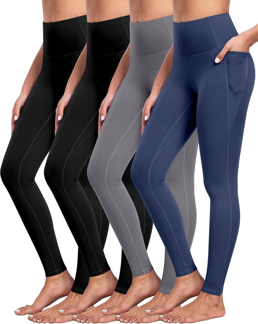 NORMOV 4 Packs Yoga Leggings with Pockets for Women, Soft High Waisted Tummy Control Workout Pants (Large, 4packs(black,black,dark Gray,navy))