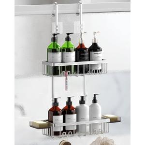 Over the Door Shower Caddy Hanging With Double Soap Holder Never Rust Aluminum Shower Shelf With 4 Hooks Hanging Bathroom Organizer No Drilling Shelves for Bathroom Storage Silver