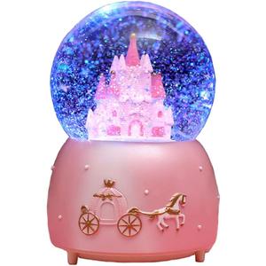 Castle Crystal Ball Music Box LED Light Rotating Musical Box Princess Crystal Globe Auto Snowing Night Light Lamp Gift for Birthday Christmas Thanksgiving Valentines Mother's Day (Pink)