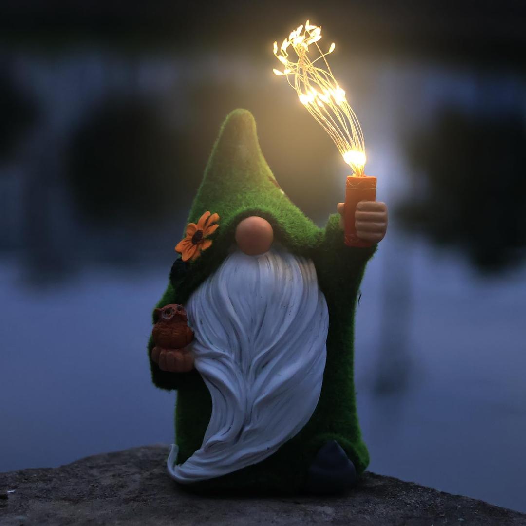 Solar Garden Statues Gnome Outdoors Decor Green Gnome Garden Figurine Waterproof Solar Yard Decorations for Outside Housewarming Ornament for Patio Lawn Yard Gift Ideas for Mom Grandma (Green gnome)
